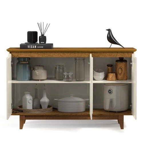 Aparador Buffet Balcão Cozinha Cantinho do Café para Sala de Jantar Estar ou Hall de Entrada Flow 3 Portas – OffwhiteFreijó