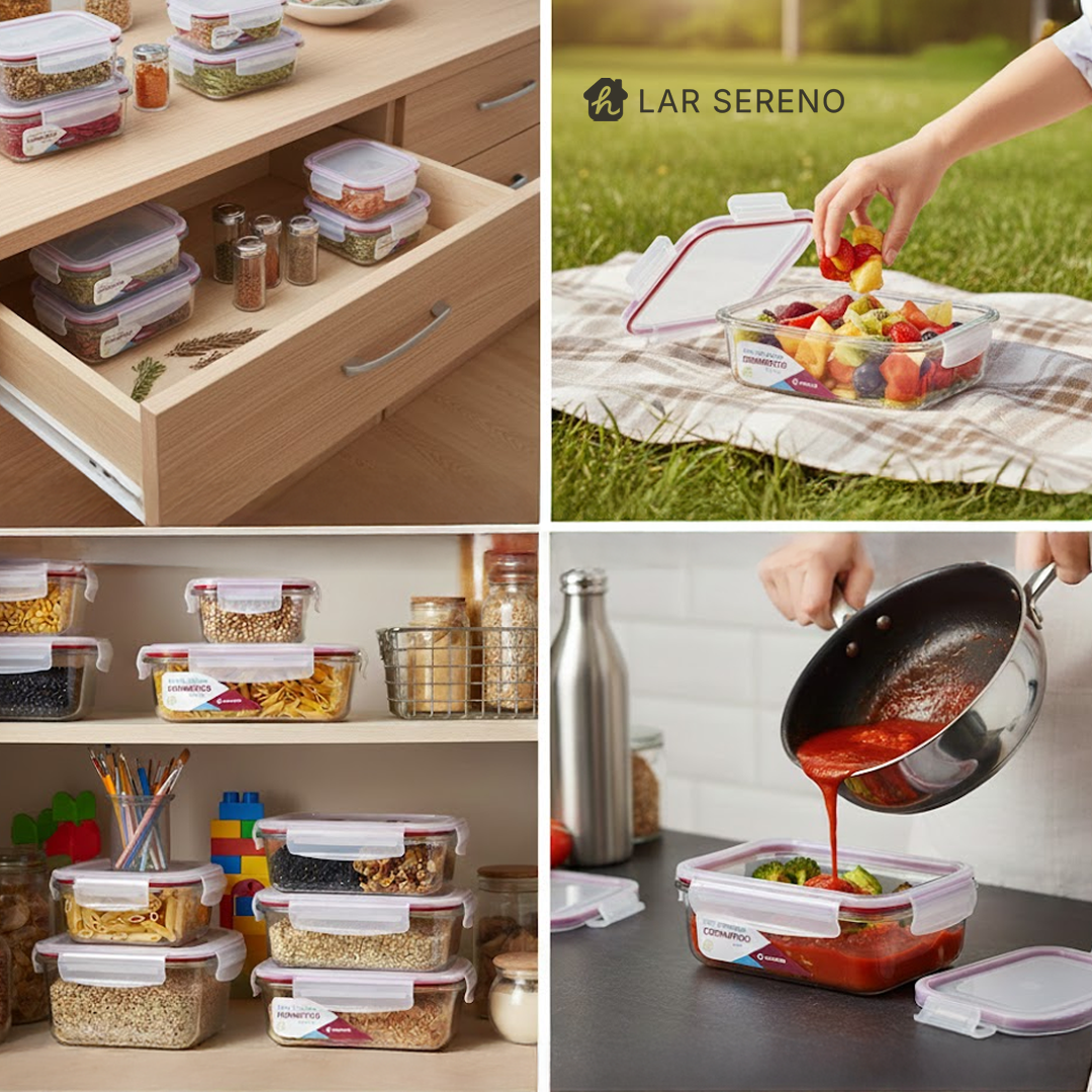 Kit 15 Potes Herméticos de Vidro + 10 Copos de Vidro Aruba de Brinde